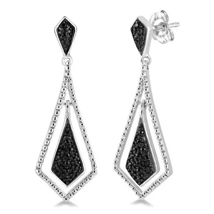Sterling Silver Dangle Natural Black Diamonds Earrings