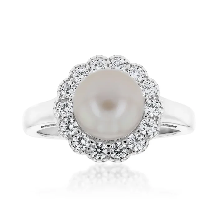 Sterling Silver Freshwater Pearl Cubic Zirconia Ring