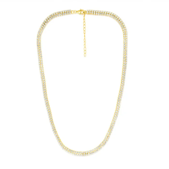 Sterling Silver Gold Plated 2mm Cubic Zirconia Two Row 40+5cm Tennis Chain