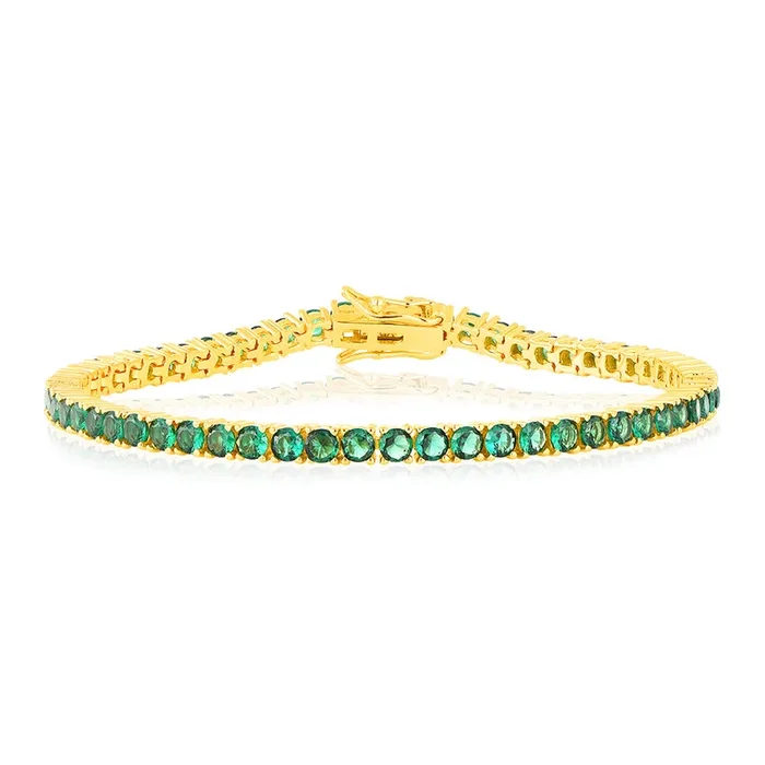 Sterling Silver Gold Plated 3mm Emerald Green Color Cubic Zirconia 19cm Bracelet