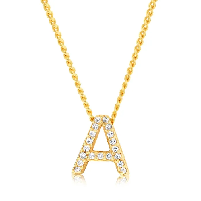 Sterling Silver Gold Plated Cubic Zirconia Initial “A” Pendant On 42cm Chain