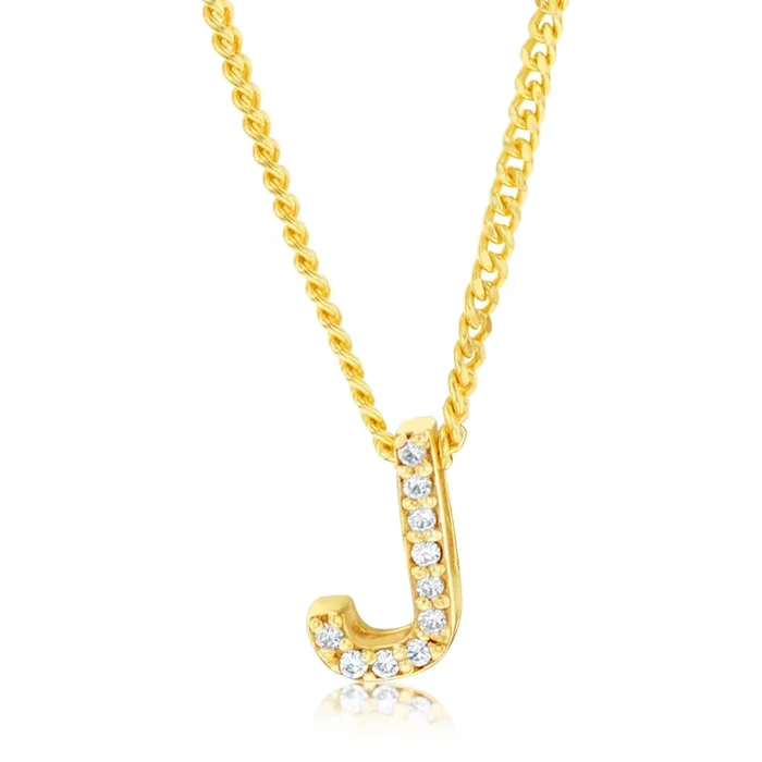 Sterling Silver Gold Plated Cubic Zirconia Initial “J” Pendant On 42cm Chain