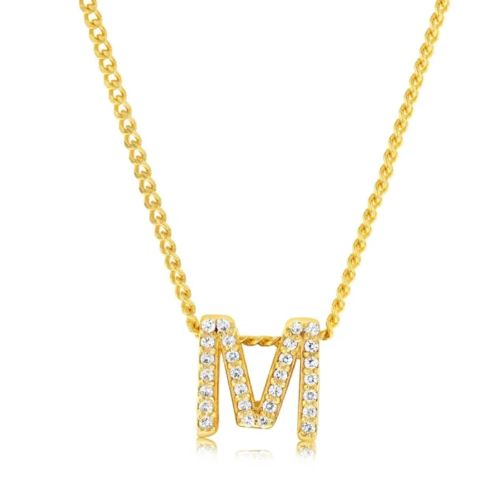 Sterling Silver Gold Plated Cubic Zirconia Initial “M” Pendant On 42cm Chain