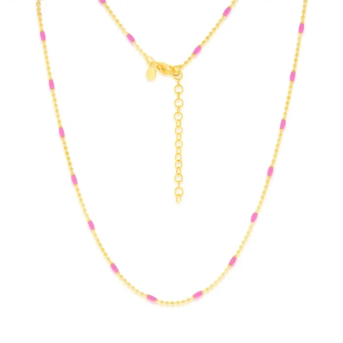 Sterling Silver Gold Plated Pink Enamel Bead 45cm Chain
