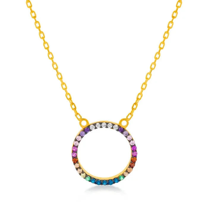 Sterling Silver Gold Plated Rainbow Multicolour Cubic Zirconia Pendant On Chain
