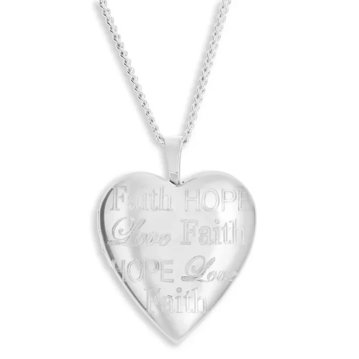 Sterling Silver Heart Shape “Faith Hope Love” Engraved Locket
