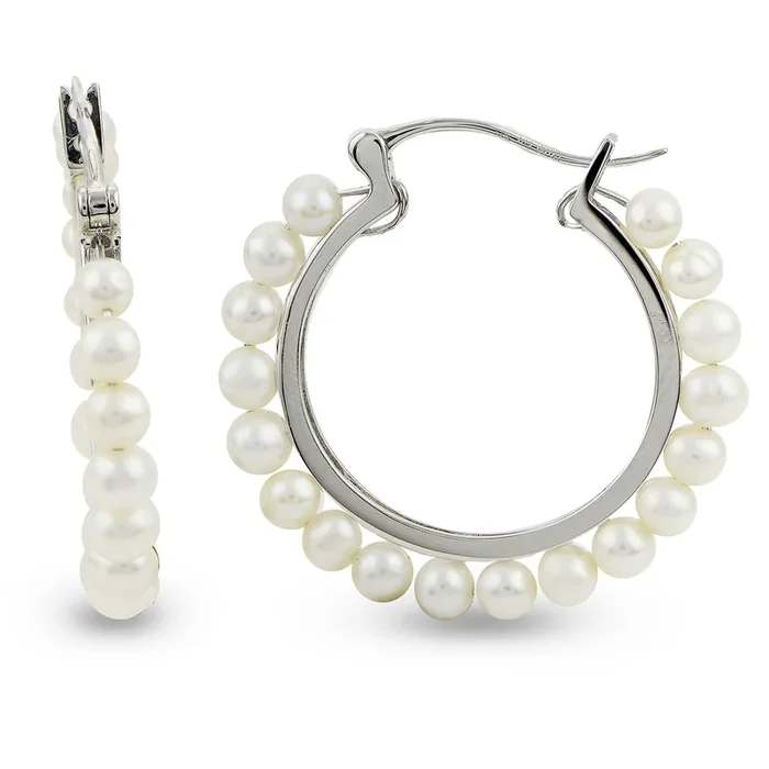 Sterling Silver Medium Pearl Hoop Earrings