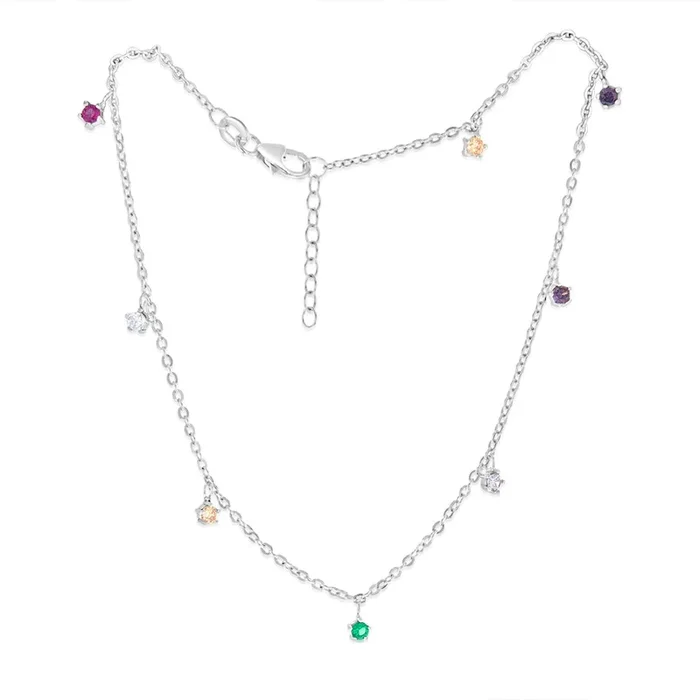 Sterling Silver Multicolor Zirconia Charm 27cm Anklet