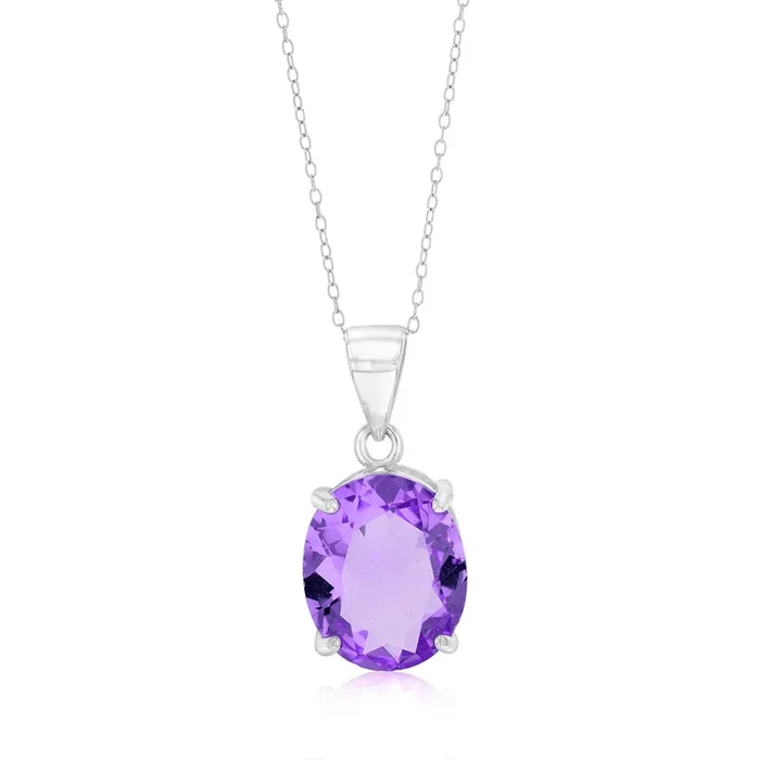 Sterling Silver Oval Created Amethyst Pendant On Chain