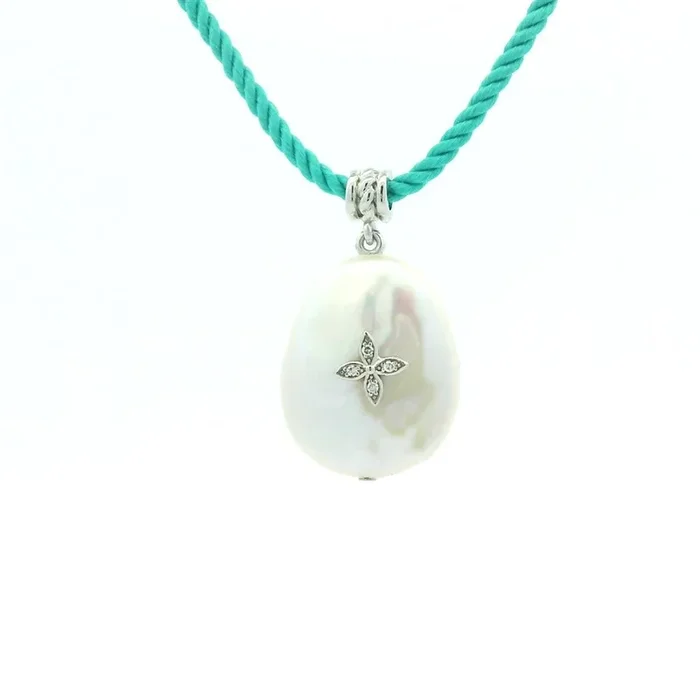 Sterling Silver Pearl Drop Pendant Teal Cord