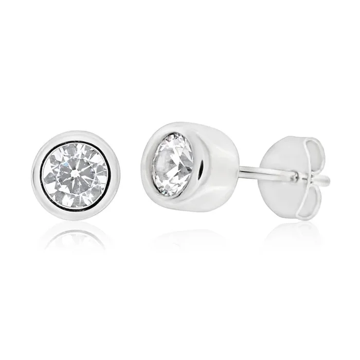 Sterling Silver Rhodium Plated Cubic Zirconia Cylinder Stud Earrings