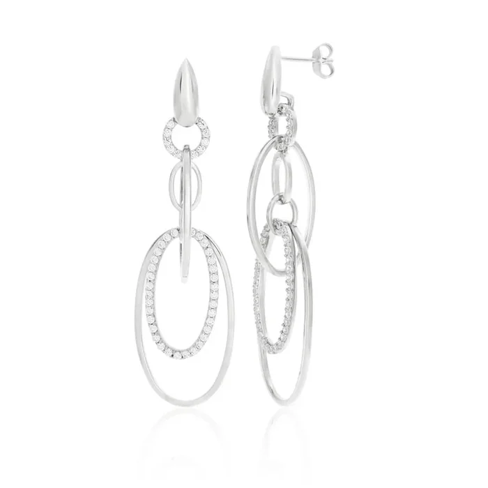 Sterling Silver Rhodium Plated Cubic Zirconia Multi Hoops Drop Earrings