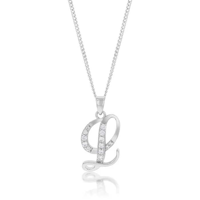 Sterling Silver Rhodium Plated Cubic Zirconia Script “L” Initial Pendant