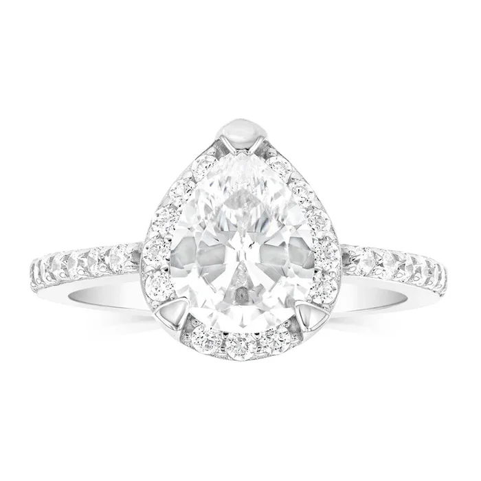Sterling Silver Rhodium Plated Pear Shaped White Zirconia Ring