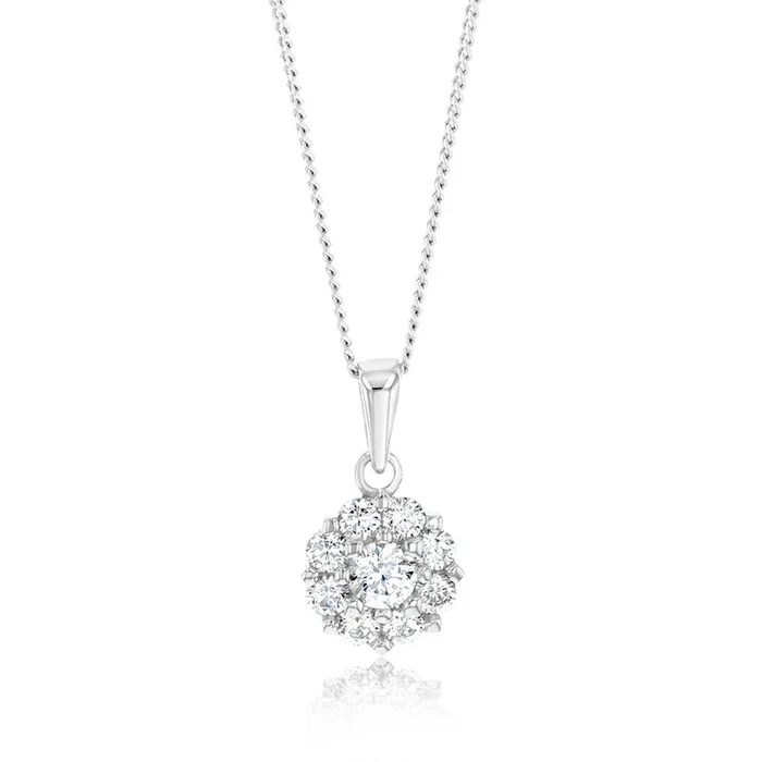 Sterling Silver Rhodium Plated Round White Cubic Zirconia Pendant