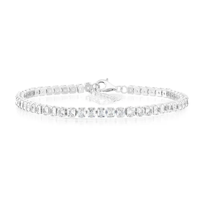 Sterling Silver Rhodium Plated White Baguette Zirconia 16.5+3cm Tennis Bracelet