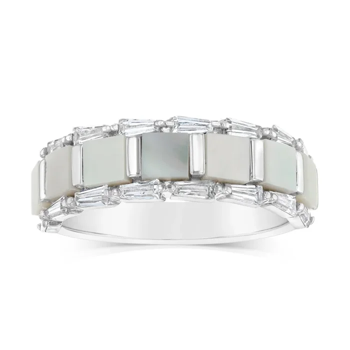 Sterling Silver Rhodium Plated White Shell Pearl Fancy Ring