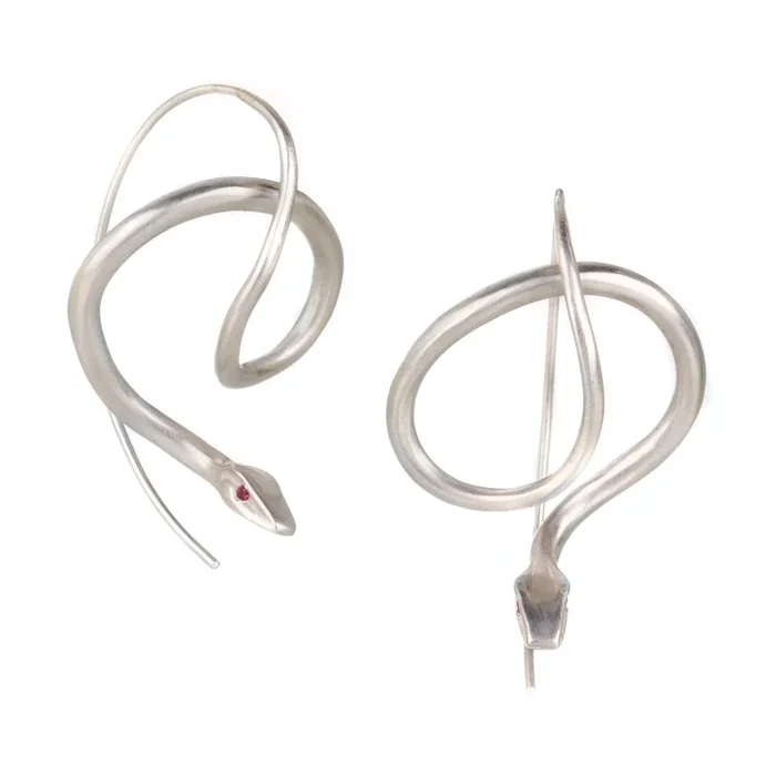 Sterling Silver Serpent Earrings with Ruby Eyes
