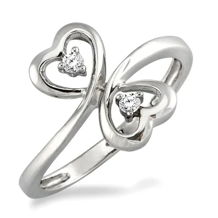 Sterling Silver Twin Hearts Natural Diamonds Ring