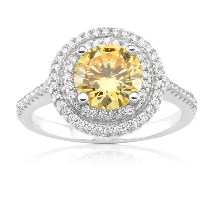 Sterling Silver Yellow Cubic Zirconia Solitaire Pendant Chain and Halo Ring Set