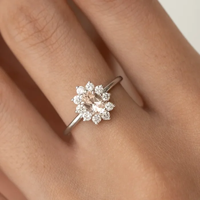 Sunburst Morganite Halo Ring White Gold – Evelina