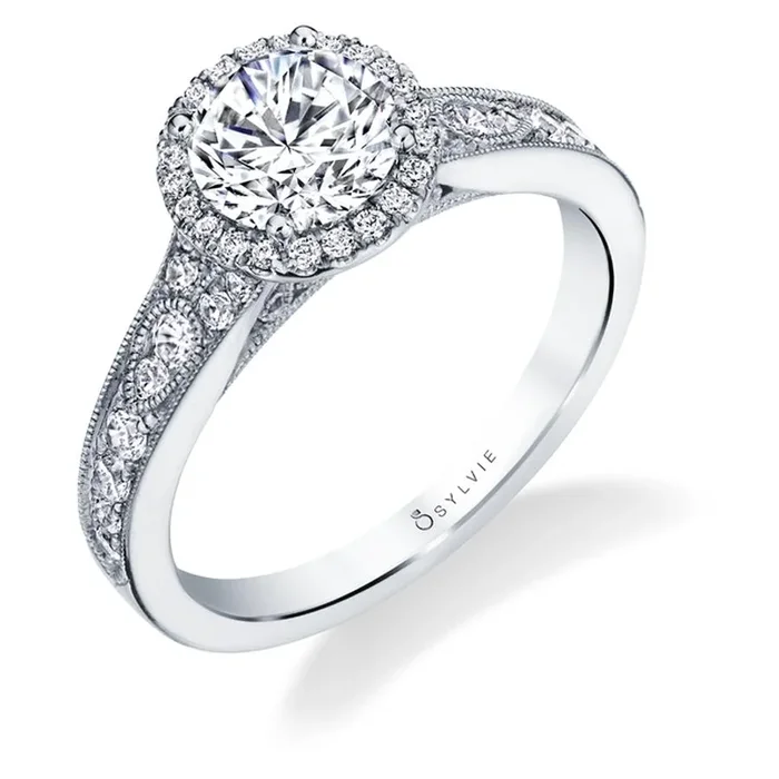 Sylvie Collection 14K White Gold Round Halo Engagement Ring Setting W. 1.50Ct Round
