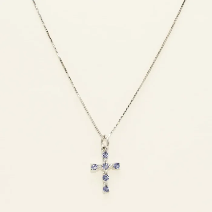 Tanzanite Cross Necklace in 14kt White Gold with Diamonds (1/20ct tw)