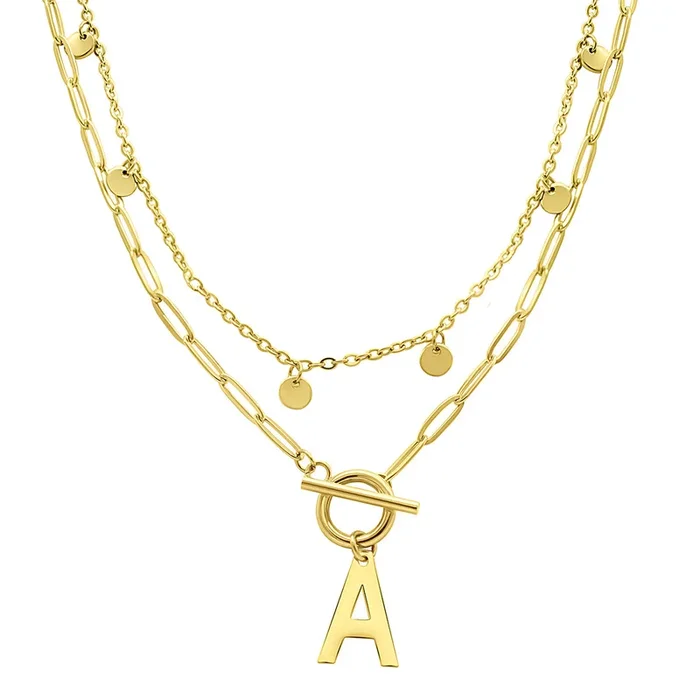 Tarnish Resistant 14k Gold Plated Confetti And Paperclip Layered Initial Toggle Necklace Set