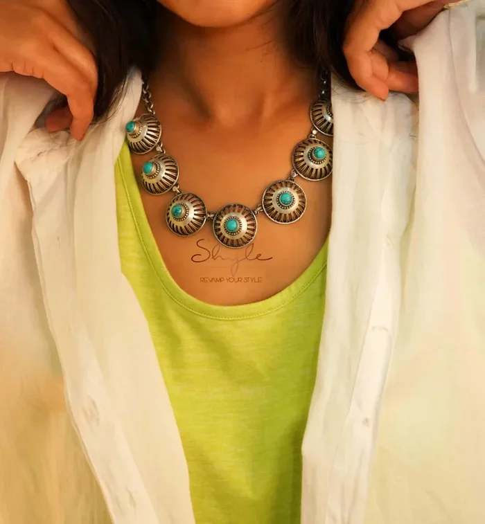 Tattva Turquoise Embossed Carved Sequence Necklace