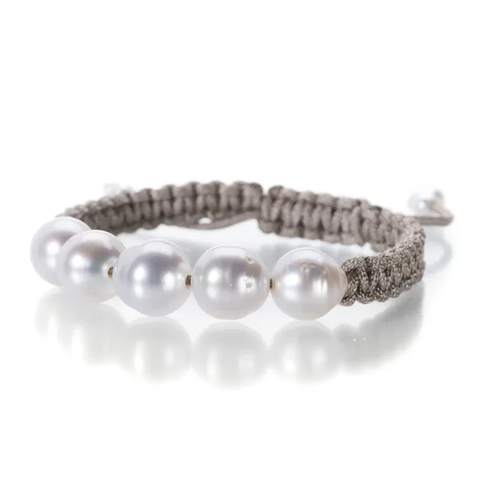 Taupe Macrame Bracelet with 5 South Sea Pearls