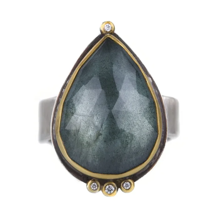 Teardrop Blue Moss Aquamarine Ring
