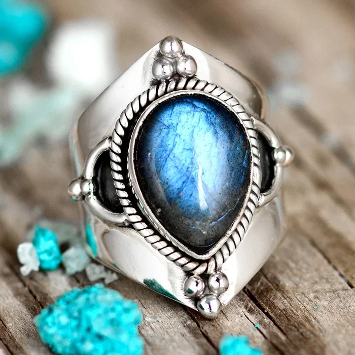 Teardrop Labradorite Ring Sterling Silver