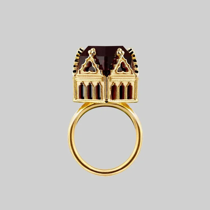 TEMPLE OF CHAMBERS. Garnet CZ Cathedral Ring – Gold