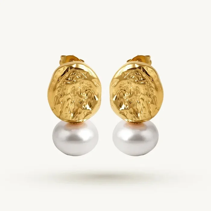 Textured Coin Pearl Drop Earring