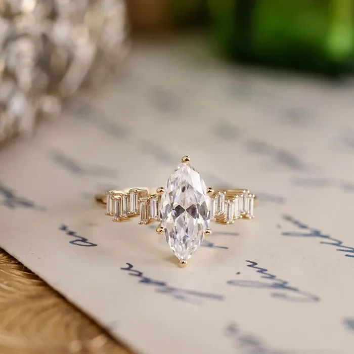 The Anwen – Marquise Diamond Engagement Ring with Baguette Diamond Accents