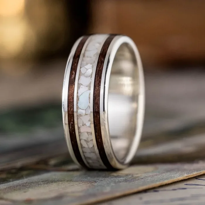 The Archer | Men’s Silver Wedding Band with Mother of Pearl & WWII-era Rifle Stock Wood