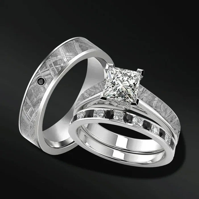 The Black Hole set – 3PCS His & Her Wedding Engagement Ring Set | Lab Grown Diamond | Muonionalusta Meteor Wedding Band