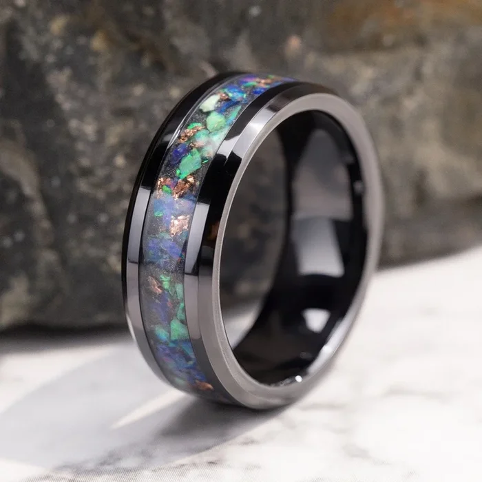The Copper Eclipse Opal Glowstone Ring on Black Ceramic