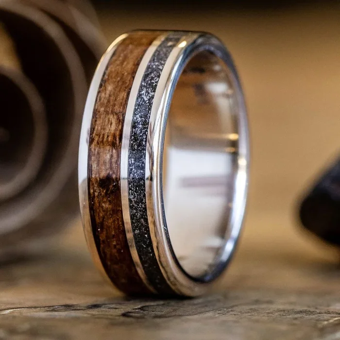 The Expedition | Men’s Gold Meteorite Wedding Band with USS North Carolina Battleship Teak Wood