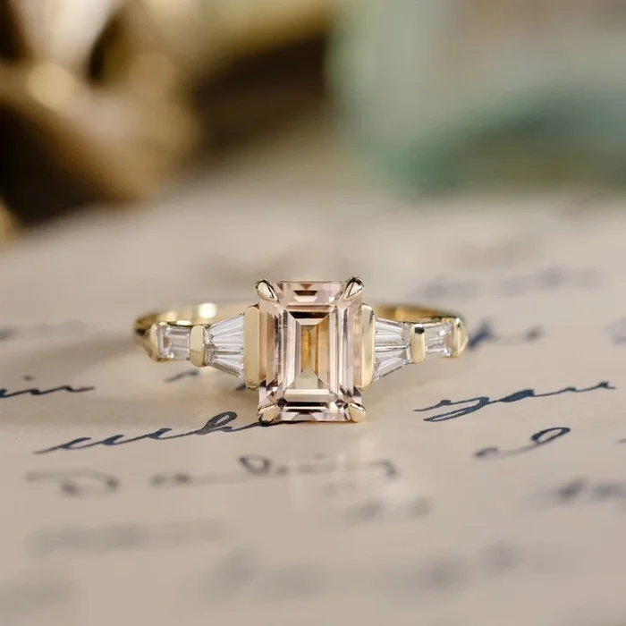 The Florence – Art-Deco-Inspired Emerald-Cut Peach Morganite Engagement Ring with Diamond Accents