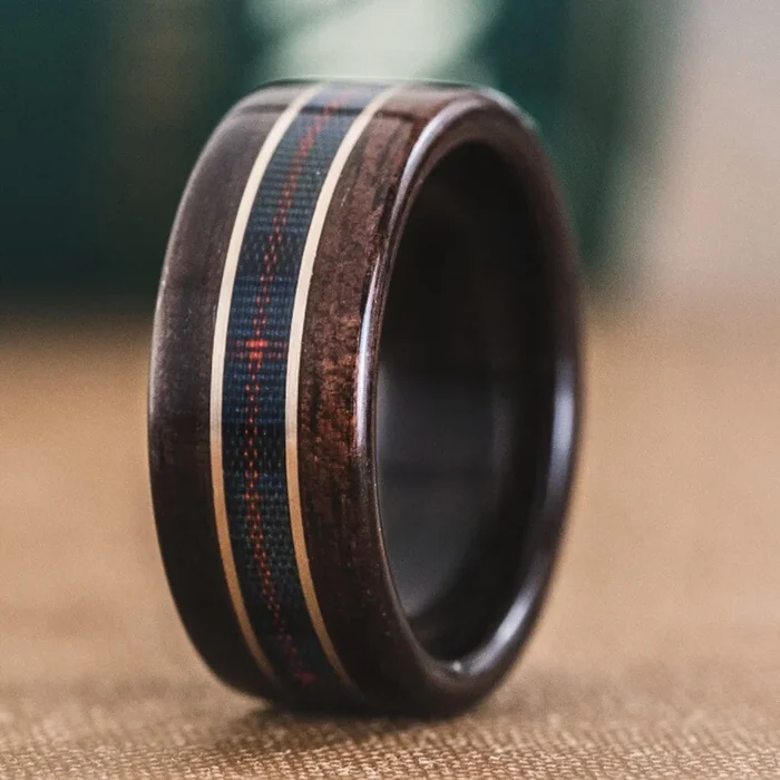 The Flower of Scotland | Men’s Rosewood Wedding Band with Tartan and Dual Metal Inlays