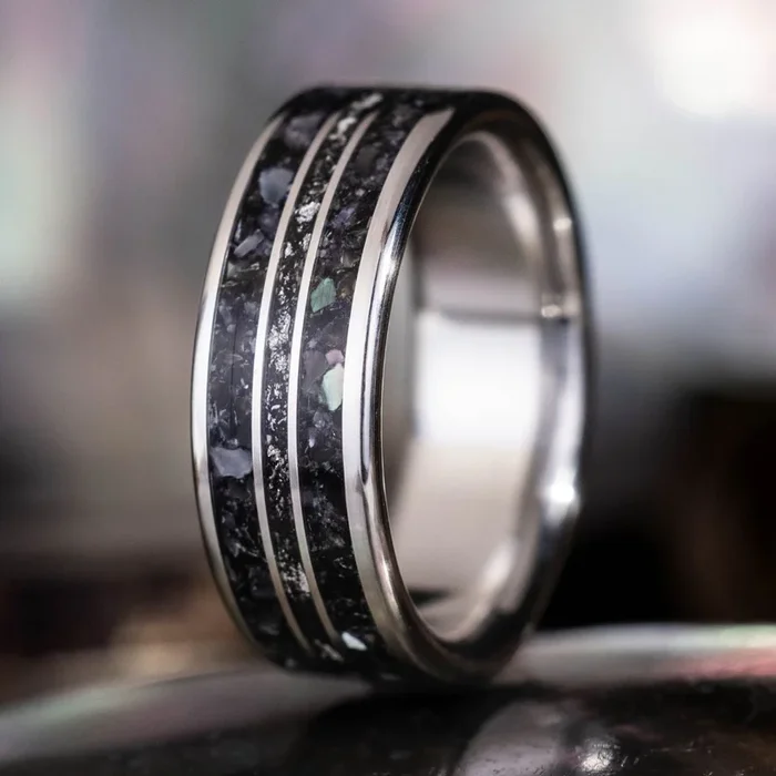 The Galaxy | Men’s Gold Wedding Band with Black Mother of Pearl, Meteorite & Silver Flakes