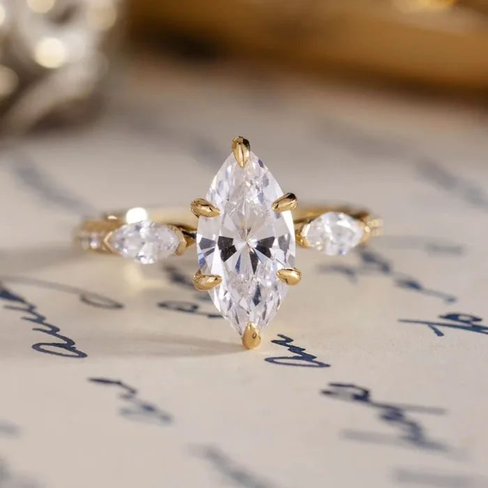 The Gwyndolyn – Marquise Diamond Engagement Ring with Marquise & Round-Shaped Diamond Accents