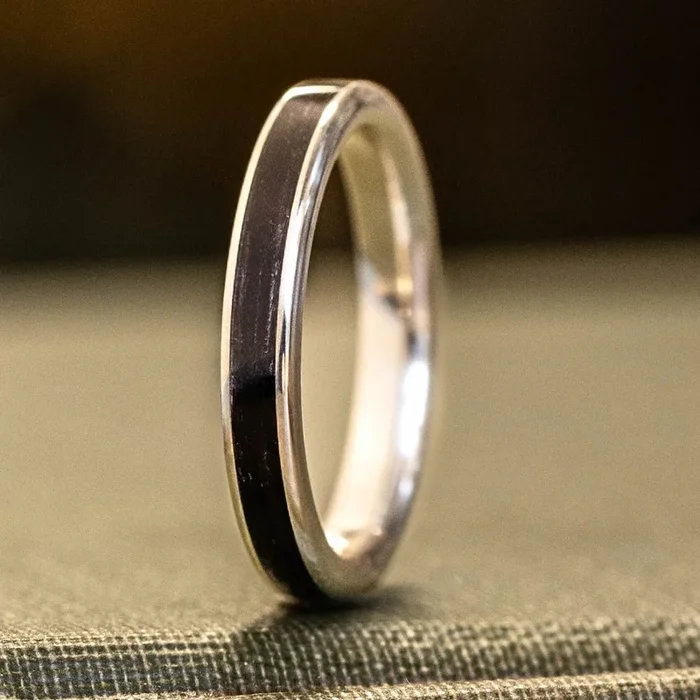 The Helen | Women’s Silver Ring with Whiskey Barrel Wood Inlay