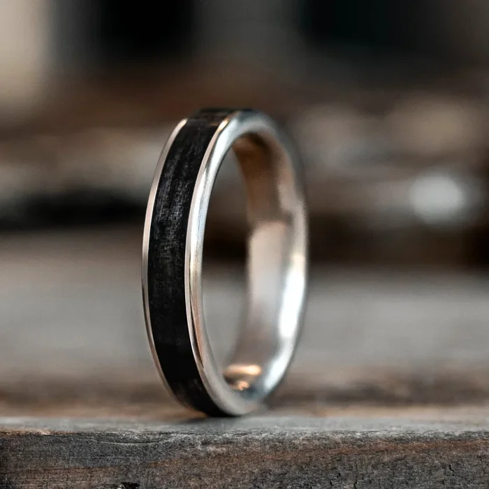 The Helen | Women’s Titanium Ring with Whiskey Barrel Wood Inlay
