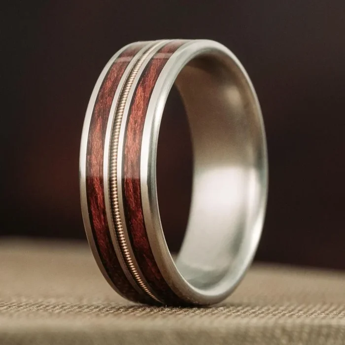 The Lucy | Men’s Titanium Guitar String Wedding Band with Bloodwood