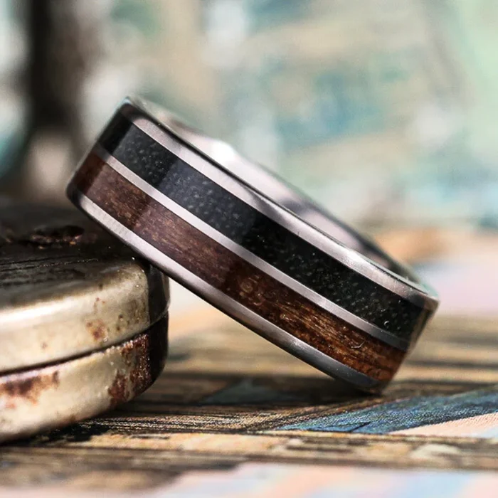 The Maverick | Men’s Titanium Wedding Band with Vintage Air Force Flight Suit & Louisiana Bogwood