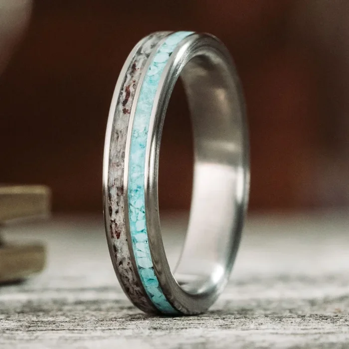The Merriam | Women’s Titanium, Elk Antler & Turquoise Wedding Band