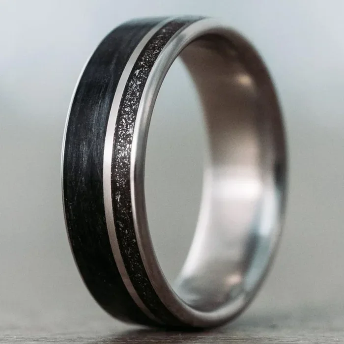 The Midnight Barrel | Men’s Whiskey Barrel, Meteorite Dust, & Titanium Wedding Band
