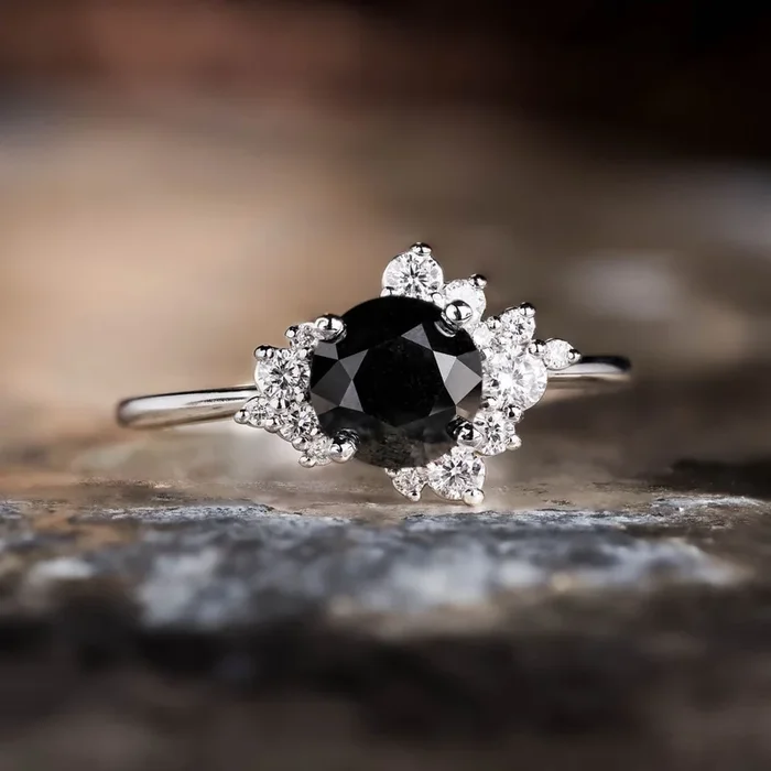 The Nova – Celestial Natural Black Diamond Engagement Ring with Diamond Cluster Accents